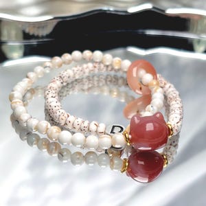 Handmade Agate Cat Charm Bracelet–Fire Element Feng Shui-Custom Letter-Anxiety Support-Yoga Mala-Dainty Stackable Gift-Spiritual Gift