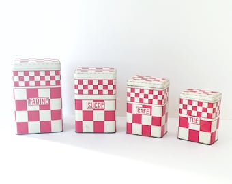 Vintage French Enamel Canister Set, Comptoir de Famille, Red and White Checkered Pattern, Set of Four