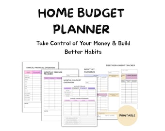 May include: A printable home budget planner with various financial tracking sheets. The title "HOME BUDGET PLANNER" is displayed in bold, black letters. The planner includes sections for annual overview, monthly expenses, and debt repayment.