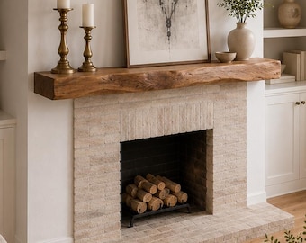 Solid Walnut Fireplace Mantel – Live Edge Floating Wood Beam Shelf for Modern Farmhouse, Rustic & Cozy Living Room Decor