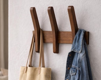 Scandinavian Wood Coat Rack – Minimalist Oak or Walnut Wall Hooks | Peg Rail for Entryway, Bathroom, or Kitchen, Wooden towel rack