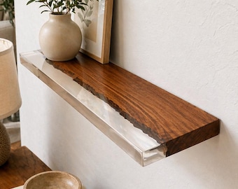 Estante flotante de madera y resina epoxi con borde natural, estante de pared con borde natural, estantería para libros: estantes de madera a medida para cocina, bar, dormitorio, baño.