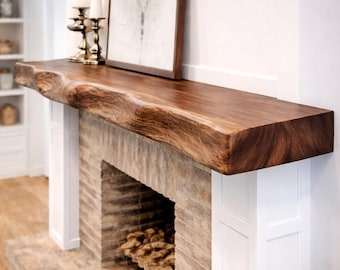 US Made Solid Walnut Live Edge Fireplace Mantel, Floating Wood Mantle Shelf, Rustic Natural Edge Fireplace Beam, Handmade Custom Mantel