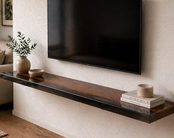 Floating TV Shelf – Black Epoxy Floating Shelves & Burl Wood | Modern Wall-Mounted Console | Handmade Minimalist Resin Media Shelf