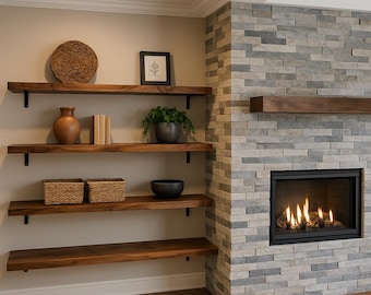 Repisa de chimenea de nogal americano – Repisa de madera maciza – Canto vivo o frente plano – Viga flotante de nogal hecha a mano – Medidas personalizadas