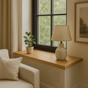 May include: A neutral-toned interior scene featuring a wooden windowsill with a small potted plant and a beige lamp. The lamp has a rounded base and a lampshade. A window with a black frame is in the background.