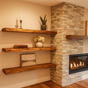 In den USA hergestellter Eichen-Kaminmantel - Massivholz-Mantelregal - Rustikaler oder moderner Mantel - Natürlicher Eichenbalken - Handgemachtes, schwebendes Mantelstück