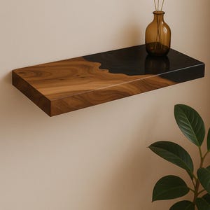 Walnut & Black Epoxy Wall Shelf with Hidden Bracket – Floating Wood Shelves for Living Room, Kitchen, Bathroom, or Bar