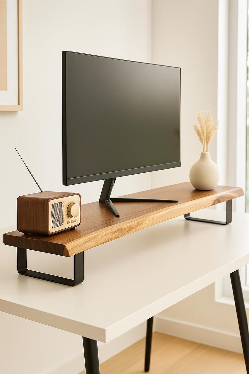 May include: A contemporary desk arrangement with a black computer screen on a wooden monitor stand with black metal supports. A small, vintage-style wooden radio is on the stand, and a white vase with dried plants is also present.