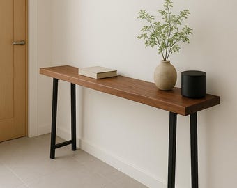 Consola estrecha de nogal natural, mesa de entrada, mesa de recibidor, mesa de sofá rústica, mesa con estante para radiador, consola alta rústica, borde natural