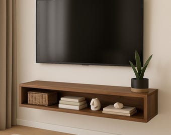 Floating TV Console | Solid Wood Wall Mounted Media Shelf | Walnut Entertainment Center | Modern Minimalist TV Stand | Wall Mounted Console