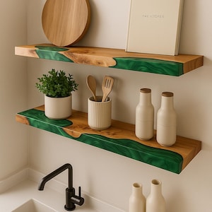 Live edge Floating Shelves in Green Epoxy Resin & Wood – custom wooden shelf. Unique decor for cozy home interior design. Display shelf