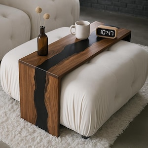 Epoxy Side Table | Couch Arm Table | Ottoman Tray Table | C-Shaped Sofa Table | Wooden Couch Arm Tray | Live Edge Wood | Wooden Couch Tray