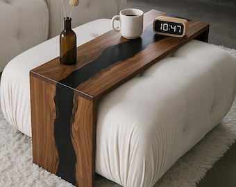 Epoxy Side Table | Couch Arm Table | Ottoman Tray Table | C-Shaped Sofa Table | Wooden Couch Arm Tray | Live Edge Wood | Wooden Couch Tray