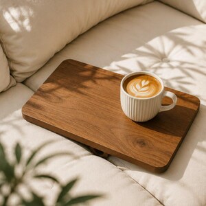 Könnte beinhalten: Ein rechteckiges Holzserviertablett mit abgerundeten Ecken trägt eine weiße Kaffeetasse mit Latte Art. Das Tablett steht auf einem cremefarbenen Sofa, mit Schatten einer Pflanze.