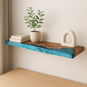 Handcrafted Sky Blue Epoxy Resin & Wood Bookshelf Decor – custom live edge floating shelves for home, unique home decor. Book lover gift