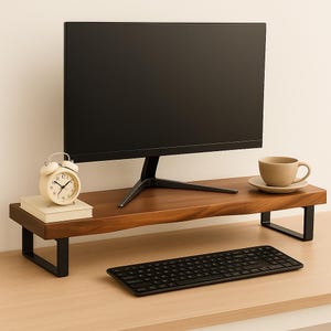Handcrafted Walnut Monitor Riser with Live Edge, Modern Desk Shelf with Steel Legs, Ergonomic Computer Stand for Home Office Decor