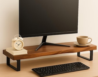 Handcrafted Walnut Monitor Riser with Live Edge, Modern Desk Shelf with Steel Legs, Ergonomic Computer Stand for Home Office Decor
