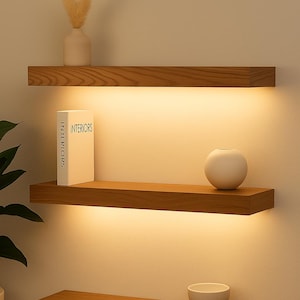 Modern LED Floating Kitchen Shelves – Wood Wall Shelving with Recessed Light Strip – Contemporary Design – 110–120V – FREE Shipping