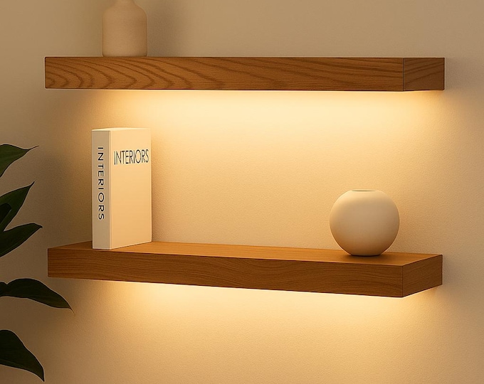 Floating Shelf With LED Lights, Modern Thick Shelf, Recessed Led Strip ...