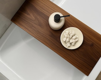 Solid Wood Bathtub Tray – Handmade Oak or Walnut Bath Caddy, 30/34/40/45" Tub Shelf, Rustic Farmhouse Spa Board in Grey Black Whitewash