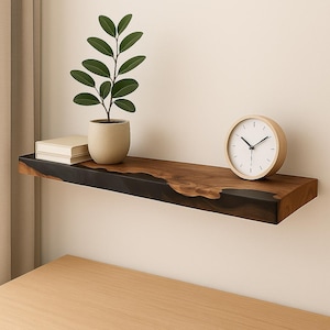 Minimalist Black Floating Shelf – epoxy live edge shelves in solid wood with hidden brackets, custom epoxy shelf, walnut floating shelf
