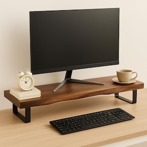 May include: A dark wood monitor stand with black metal legs supports a black computer monitor. A white alarm clock and a coffee cup sit on the stand. A black keyboard rests on the desk below.