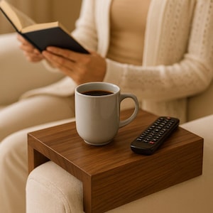 Thanksgiving Sofa Arm Table, Couch Arm Tray, Armrest Tray, Wood Couch Side Table, Cozy Fall Gift, Walnut & Oak Custom Width Handmade