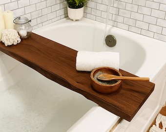 Solid Wood Bathtub Tray – Oak or Walnut Bath Caddy Shelf, 30/34/40/45" Length, Grey, Black, Whitewash Finish, Handmade Bath Board