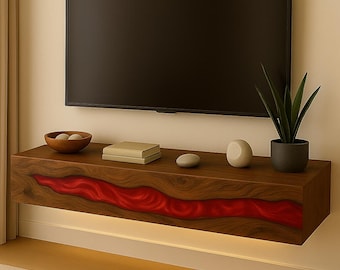 Walnut Floating TV Console with Red Epoxy River, Modern Media Shelf, Live Edge Resin Wall Unit, Handmade Solid Wood Cabinet Made in USA