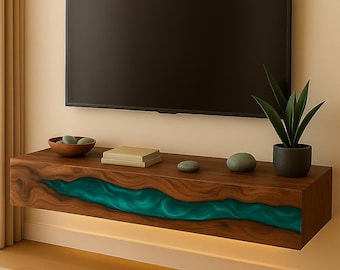 Floating Epoxy TV Console, Wall Mounted Walnut Media Shelf, Modern Wood TV Stand, Epoxy Entertainment Center, Custom Console
