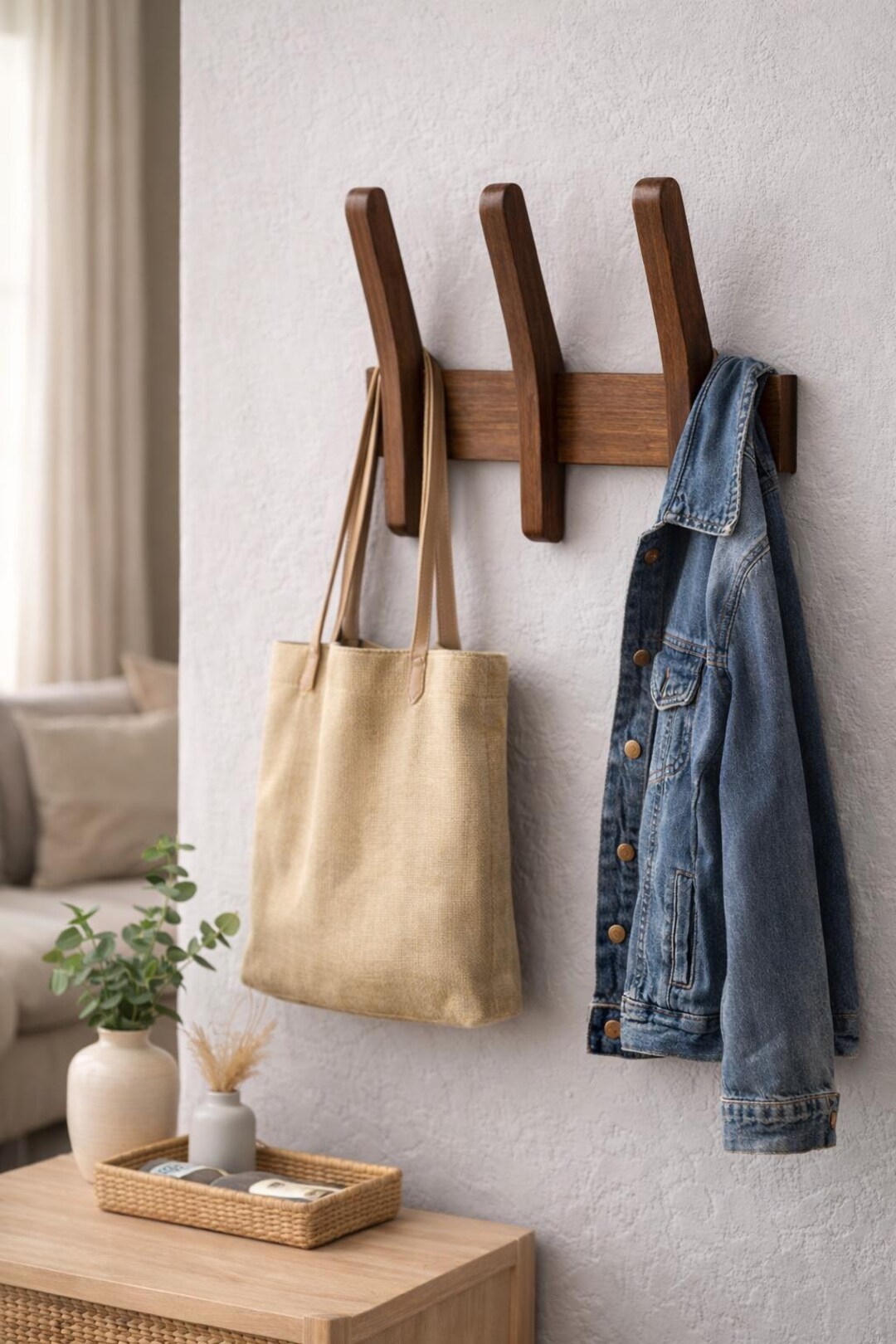 Scandinavian Wood Coat Rack Minimalist Oak Or Walnut Wall Hooks Peg 