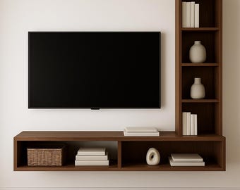 Modern Floating Wall Unit with Integrated Bookcases | Minimalist TV Stand and Display Shelves | Space-Saving Media Furniture