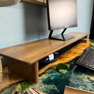 Natural wood monitor stand with shelf, desk monitor riser with tray, ergonomic riser, dual monitor stand, walnut monitor riser, modern stand