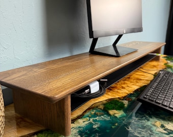 Natural wood monitor stand with shelf, desk monitor riser with tray, ergonomic riser, dual monitor stand, walnut monitor riser, modern stand