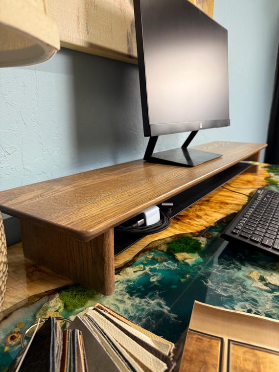 Natural wood monitor stand with shelf, desk monitor riser with tray, ergonomic riser, dual monitor stand, walnut monitor riser, modern stand