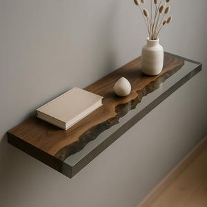Clear Epoxy Floating Shelf with Walnut, Transparent Resin Wall Shelf, Live Edge Wood Shelf, Modern Handmade Wall Decor USA for Office Home
