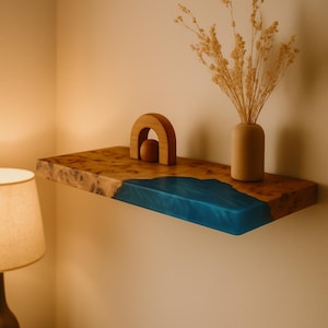 Live Edge Epoxy Wall Shelf – Walnut Wood & Blue Resin Floating Shelf – Modern Wall Mounted Bookshelf for Living Room or Office