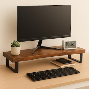 Solid Walnut Monitor Stand Riser, Live Edge Desk Shelf, Minimalist Office Organizer, Metal Legs, Ergonomic Screen Riser, Handmade in USA