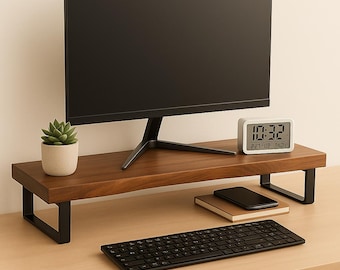 Solid Walnut Monitor Stand Riser, Live Edge Desk Shelf, Minimalist Office Organizer, Metal Legs, Ergonomic Screen Riser, Handmade in USA