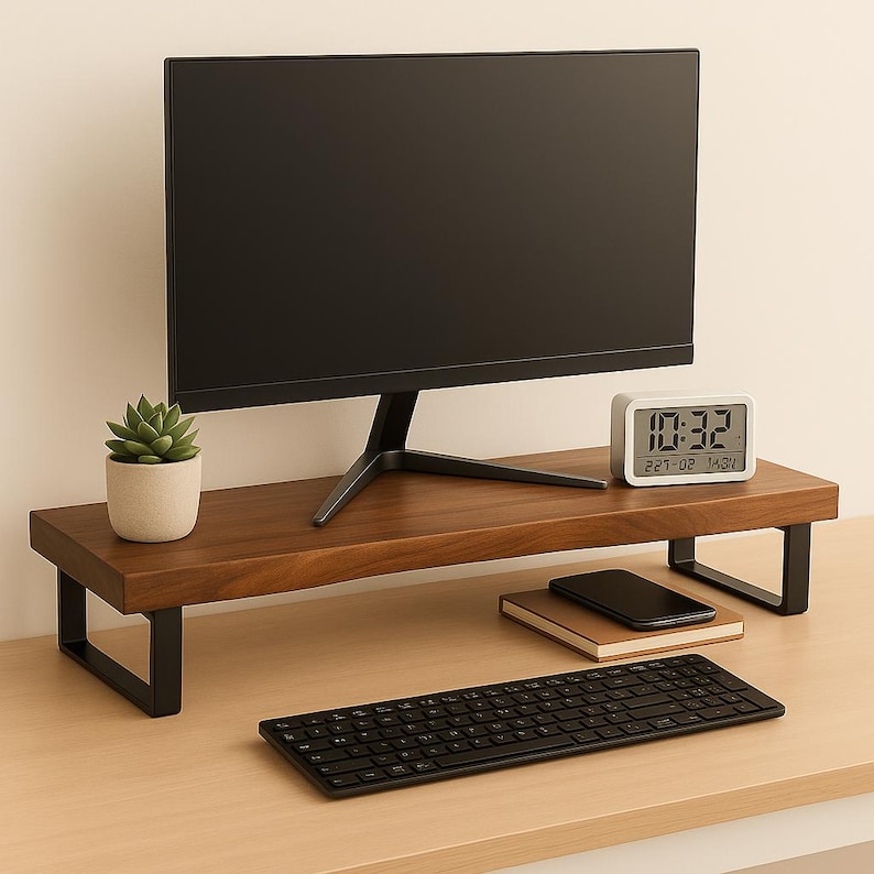 May include: A dark wood monitor stand with black metal legs supports a black computer monitor. A small succulent in a beige pot, a digital clock, a notebook, a phone, and a keyboard are on the desk.
