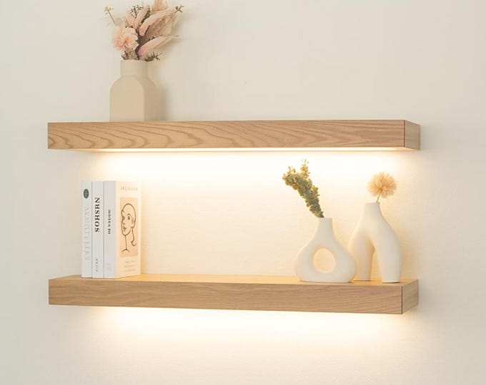 Modern White Floating Shelf, Thick Wall Shelf With Light, Wooden Shelf ...