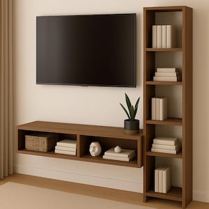 May include: A modern, wall-mounted entertainment center with a dark brown finish. It features a floating media console with open storage, a tall bookshelf, and a large flat-screen TV. Decorative items and books are displayed on the shelves.