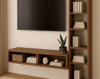 Modern Wall Mounted Console with Bookcase Shelves | Floating Media Unit for TV | Minimalist Entertainment Center | Storage & Display Shelves