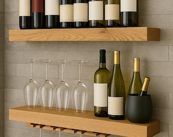 Schwimmende Regale aus Eichenholz für die Hausbar - Weinregal aus Massivholz - Modernes Wandregal für Flaschen & Gläser - Luxus-Bar-Dekor