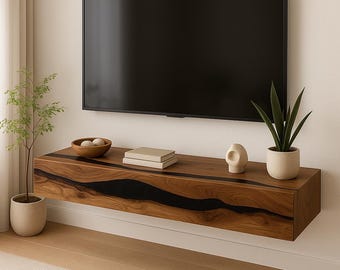 Modern Floating TV Stand with Black Epoxy, Solid Walnut Wall Console, Handmade Resin Media Shelf, Custom Living Room Furniture USA