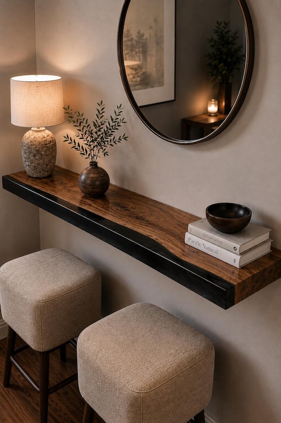 Walnut live-edge wood meets jet-black epoxy resin in a floating shelf that looks more like wall art than storage.