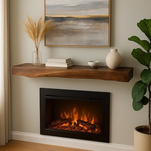 Live Edge Walnut Mantel Shelf – Solid Wood Fireplace Beam – Floating Rustic Wood Mantle – Natural Edge Slab – Custom Handmade Decor