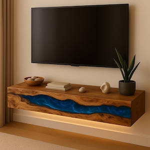 Schwimmende Epoxy TV-Konsole | Massivholz Wand Medien Regal | Walnuss Unterhaltungszentrum | Moderner Fernsehtisch | An der Wand befestigte Konsole
