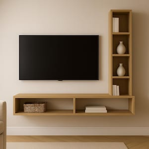 Made in US Wall Mounted Entertainment Unit with Bookshelves | Contemporary Floating Media Cabinet | Wooden TV Wall Storage in Oak or Walnut